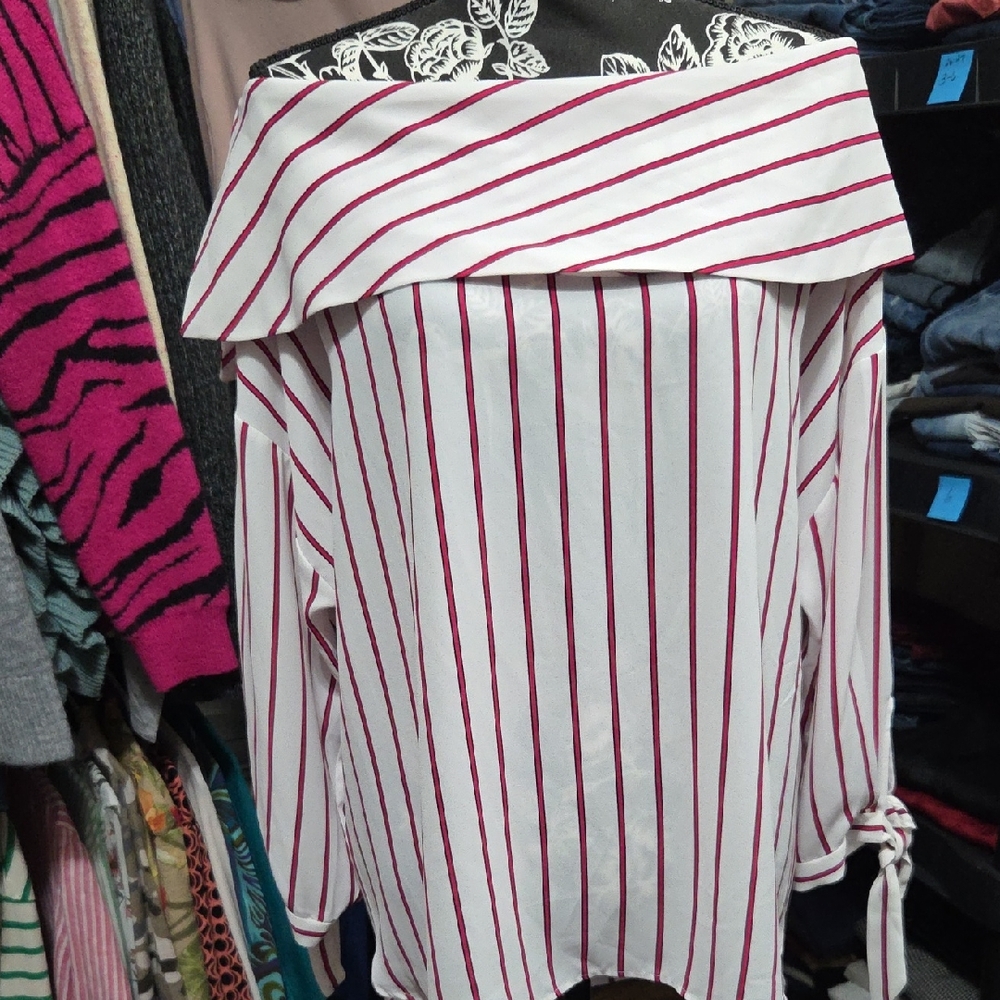 New York & Company White Blouse with Red Stripes